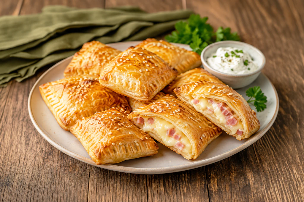 Die fertigen Schinken-Käse-Taschen sehen nicht nur schön aus, sondern sind auch richtig lecker. Der knusprige Teig und die würzige Füllung machen den Blätterteig-Snack zum perfekten Abendbrot, wenn es mal besonders schnell gehen muss.