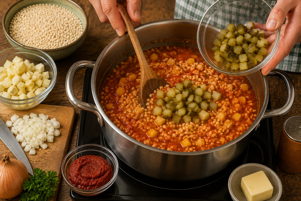 Erst am Schluss kommen die gewürfelten Gewürzgurken zu den Gräupchen. Sie verleihen der Suppe eine ganz besondere Note.