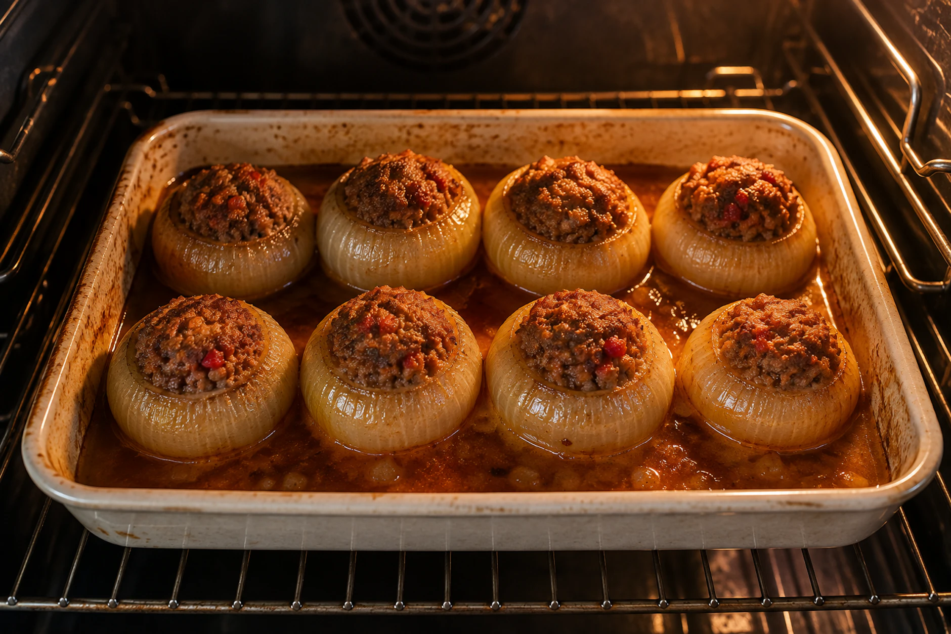 Die gefüllten Zwiebeln garen im Backofen herrlich durch. Das Rezept aus der DDR ist eine richtig leckere Alternative zu klassischen gefüllten Paprikaschoten.