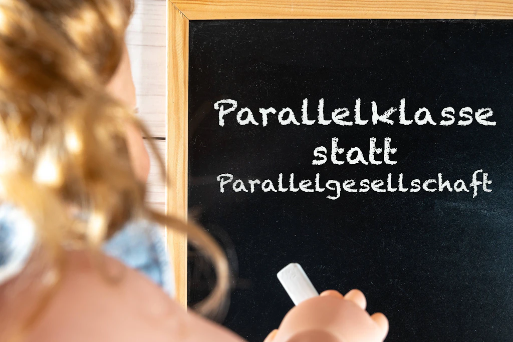 Bavaria, Germany - August 15, 2026: PHOTOMONTAGE, A child stands with a piece of chalk in front of a school blackboard bearing the inscription Parallel Class Instead of Parallel Society. This symbolic image addresses integration through education, as well as migration and schooling, and touches on