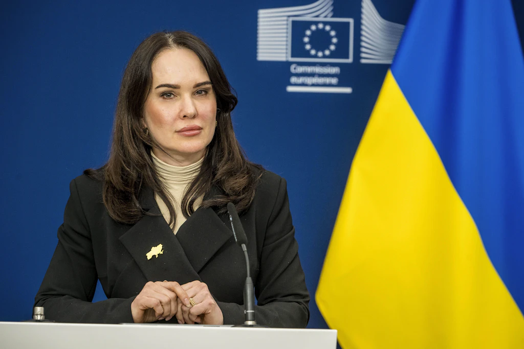Iryna Mudra bei einer Pressekonferenz in Brüssel im Februar 2025.