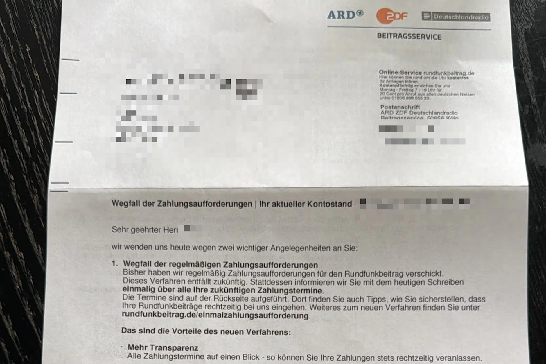 Dieser Brief ist bei vielen Deutschen eingeflattert, die ihren Rundfunkbeitrag nicht via Lastschriftmandat leisten wollen.