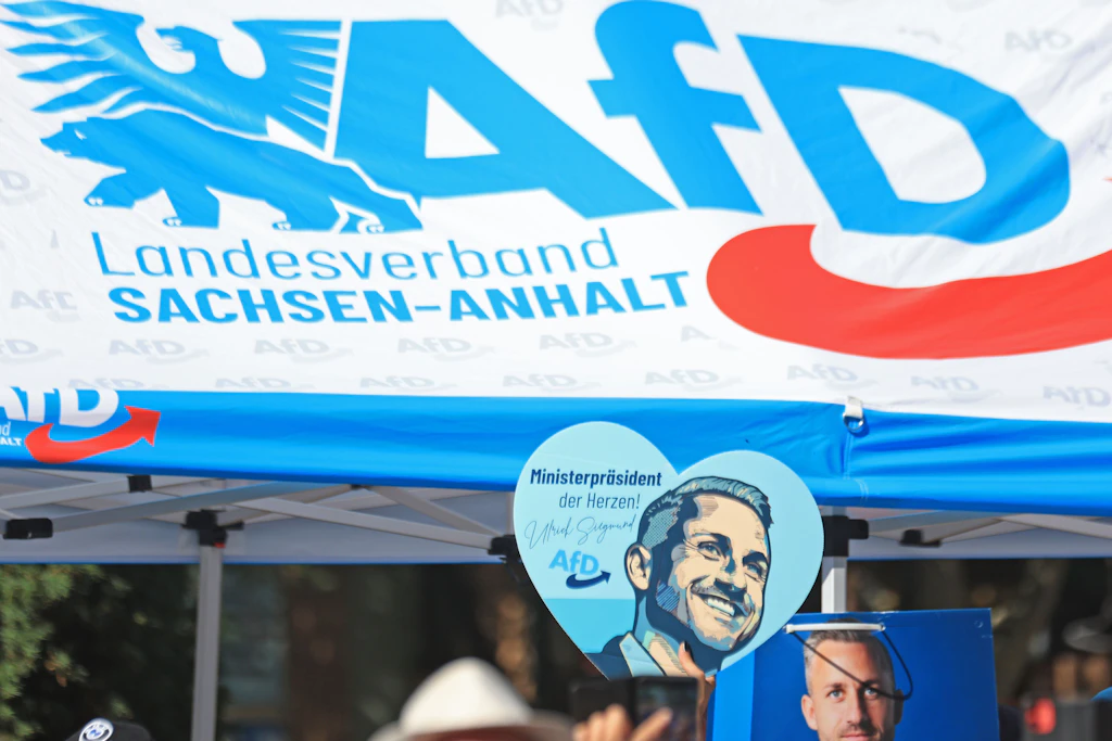 Ein Wahlwerbeschild mit dem Bild von AfD-Spitzenkandidat Siegmund in Sachsen-Anhalt
