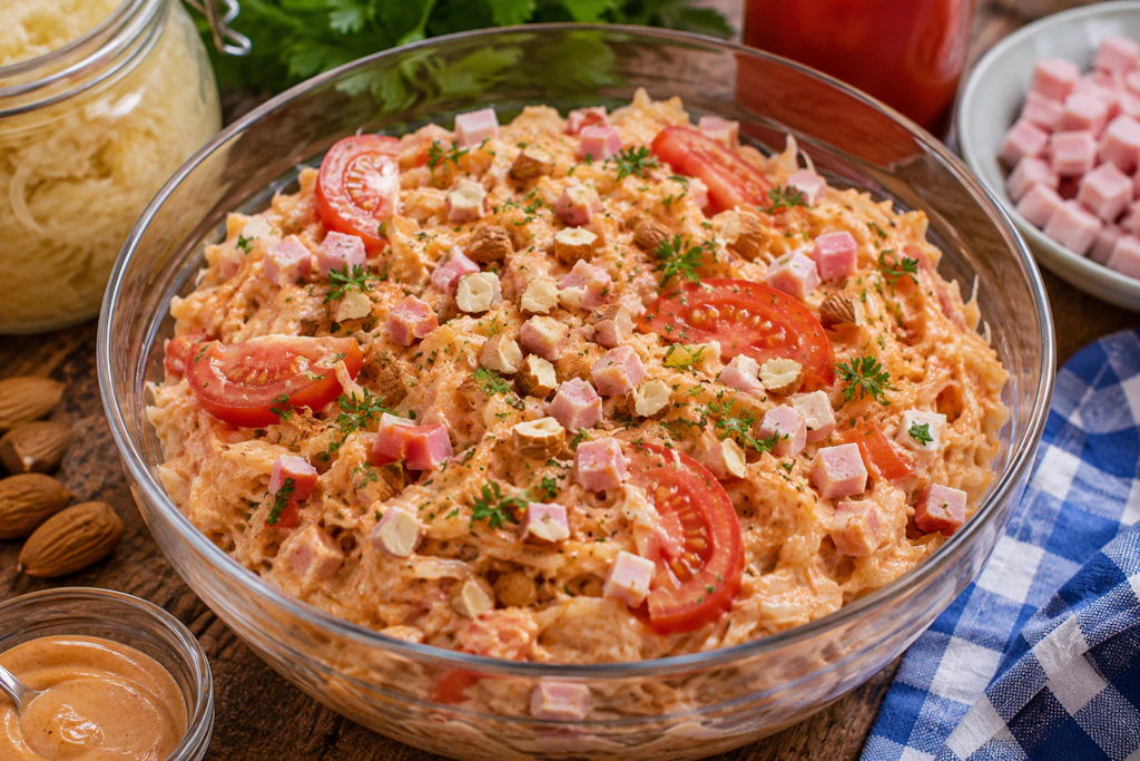 Der fertige Krautsalat sieht herrlich cremig und lecker aus - und erinnert an handelsübliche Krautsalate. Doch die Kombination der Zutaten sorgt hier für einen ganz besonderen Geschmack.