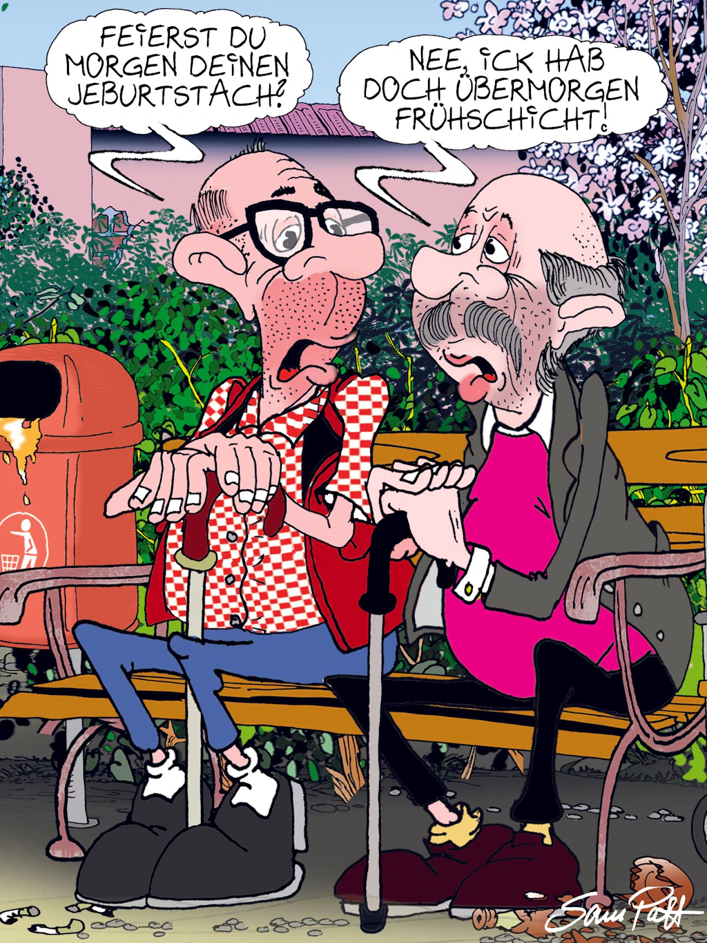 Der Cartoon des Tages kommt auch heute von unserem Zeichner Sam Paff aus Berlin. Er fängt nicht nur den Berliner Humor einfach blendend ein, sondern nimmt auch immer wieder gesellschaftliche Probleme aufs Korn. All das für unsere Rubrik Witz des Tages!