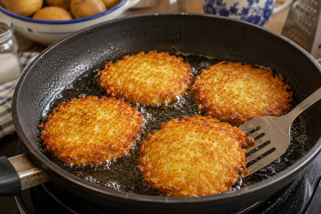 In einer Pfanne werden die Kartoffelpuffer knusprig angebraten. Dann werden die Puffer aus Thüringen mit Beilagen nach Wunsch serviert.