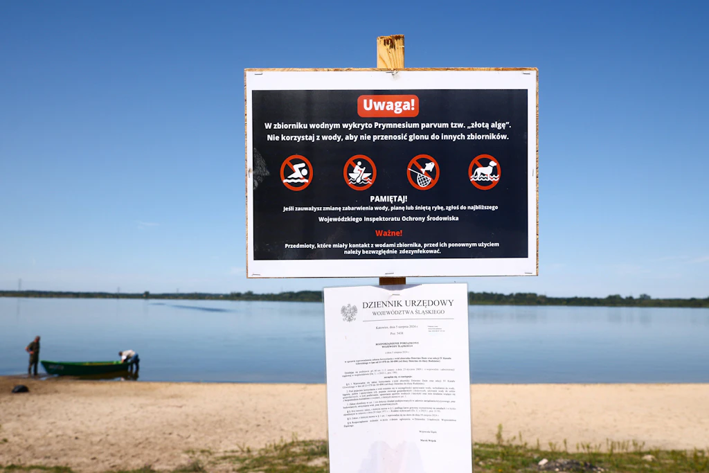 Warnschild wegen der Goldalge Prymnesium parvum am See Dzierzno Duze in Polen