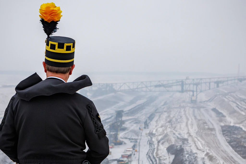 Das Ende der Braunkohle in der Lausitz naht: Hier kurz vor der Sprengung der Förderbrücke F60 in Jänschwalde am 5. Februar 2026. Ein Bergmann beobachtet die Szenerie.
