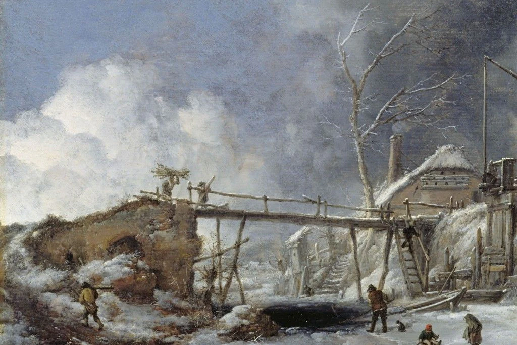 Die sogenannte Kleine Eiszeit mit kurzen Sommern und langen eisigen Wintern hat viele Spuren in der Kunst hinterlassen. Hier: Philips Wouwermans Bild „Winterlandschaft mit Holzsteg“ aus dem 17. Jahrhundert.