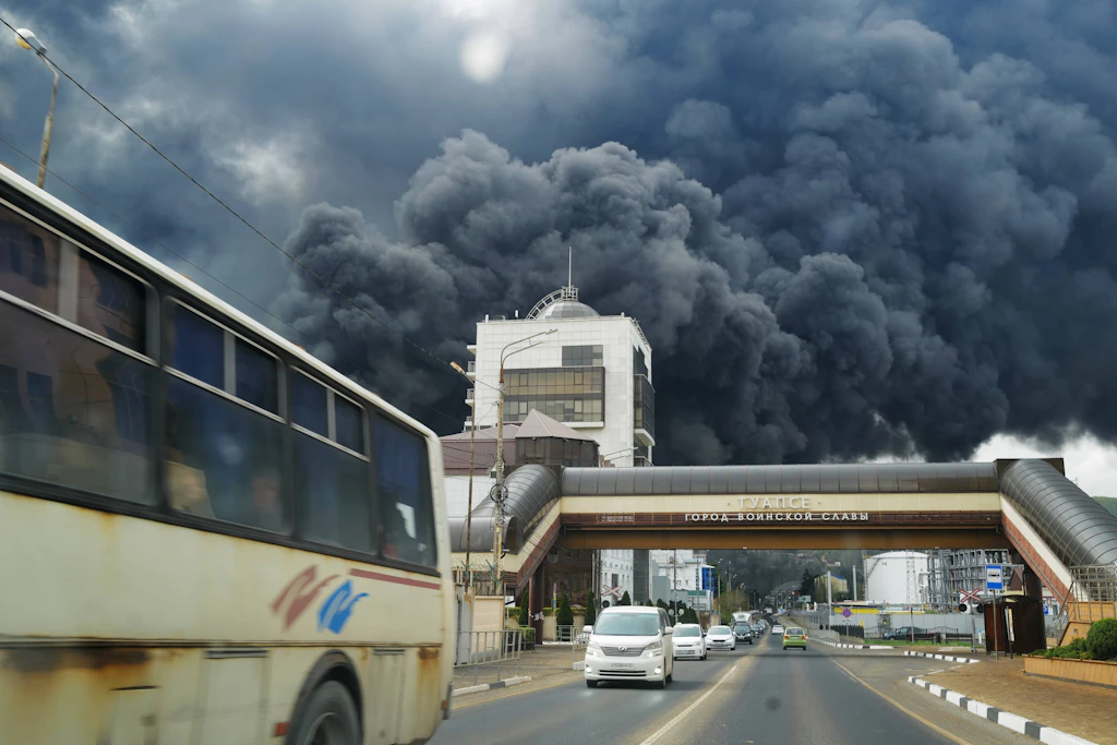 Schwarzer Rauch über dem Ölterminal von Tuapse in der russischen Region Krasnodar nach einem Drohnenangriff im April 2026. 