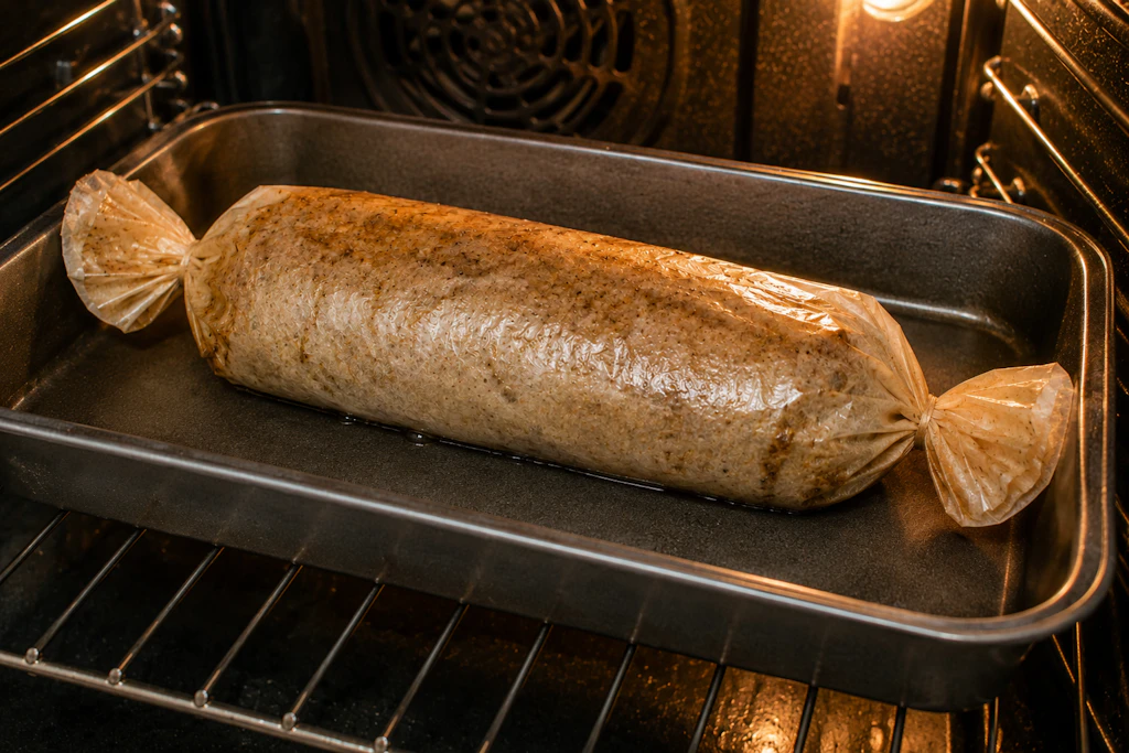 Knallbonbon aus Fleisch: Die Hackfleischrolle muss im Ofen garen. Damit alles gut hält, wird sie mit Butterbrotpapier oder Backpapier umwickelt und brutzelt dann in einer Pfanne.