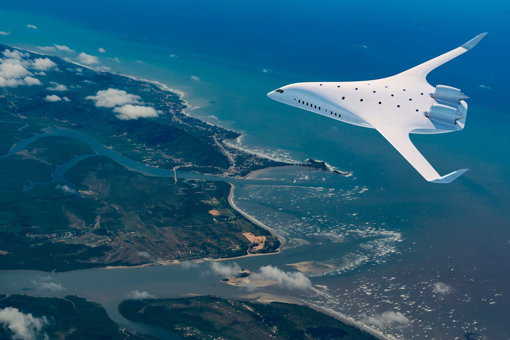Darstellung eines Flugzeugs des US-Unternehmens JetZero mit Blended-Wing-Body-Bauweise, die dem Nurflügel-Konzept ähnelt.