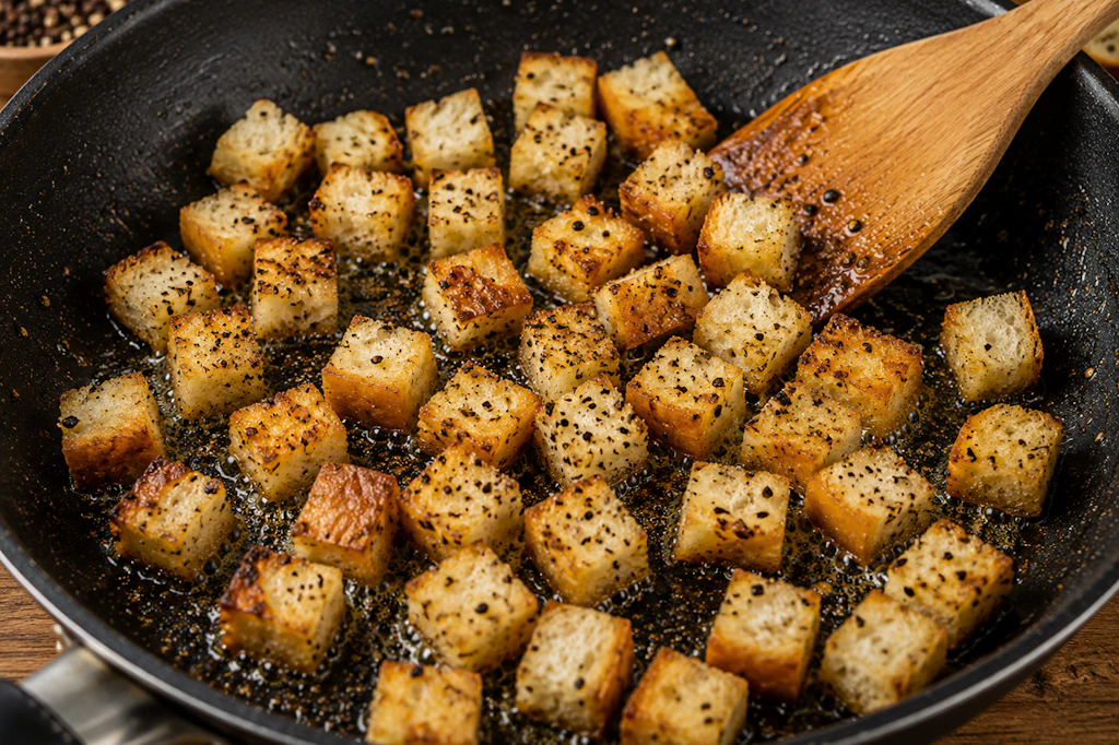 Die Pfeffercroutons werden in einer Pfanne knusprig angeröstet und gewürzt. Sie bilden das leckere Topping der Knoblauchsuppe.