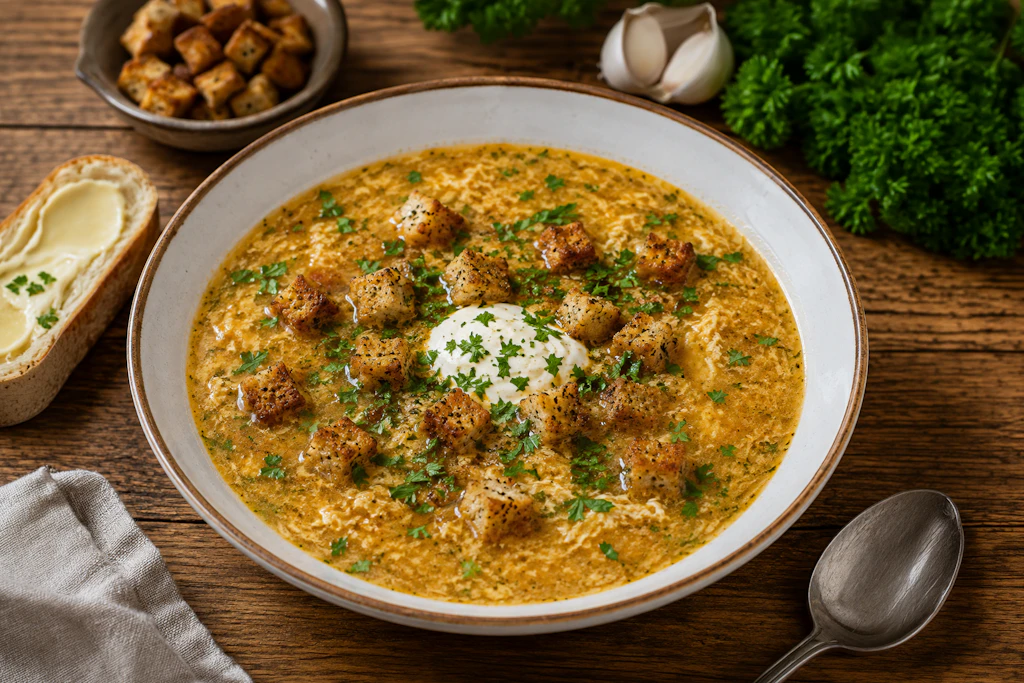 Die deftige Knoblauchsuppe ist perfekt, um den Herbst einzuläuten. Genießen Sie das besondere Gericht an einem kalten Abend mit einem Glas Wein und einem Stück Brot. Besser kann man den Feierabend nicht verbringen!
