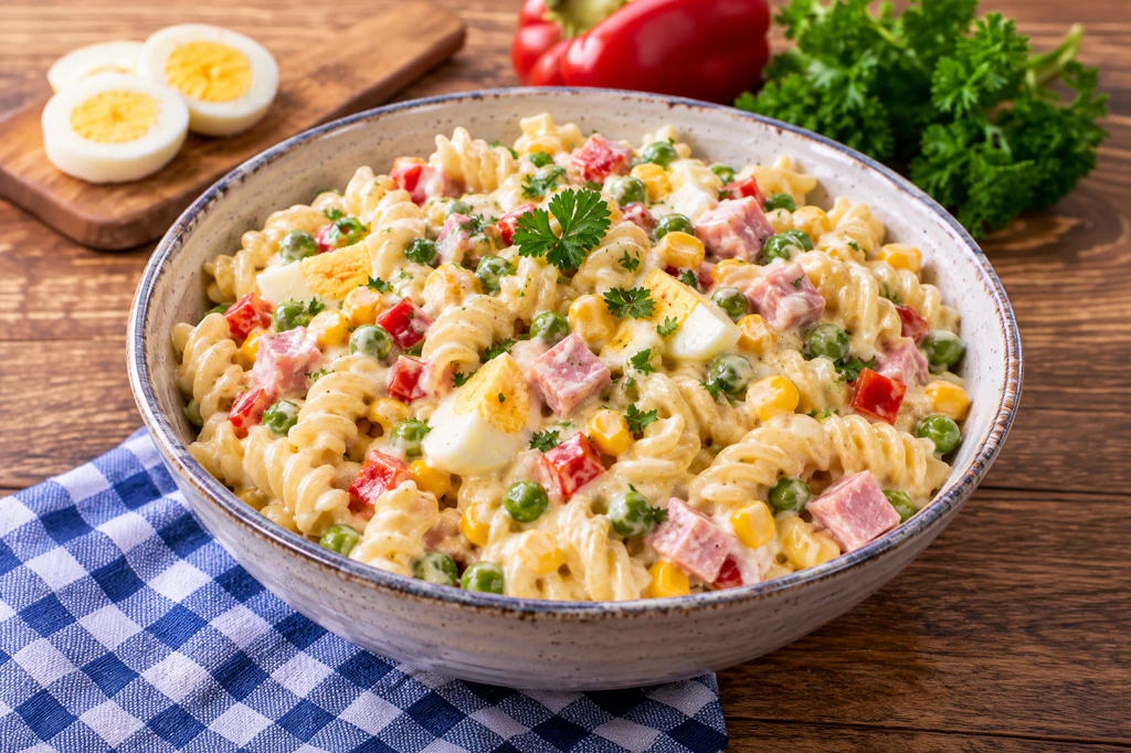 Der fertige Nudelsalat mit wundersoße sieht nicht nnur hübsch und bunt aus, sondern schmeckt auch hervorragend zu Bratwurst, Steak und anderen Fleisch- und Fischgerichten.