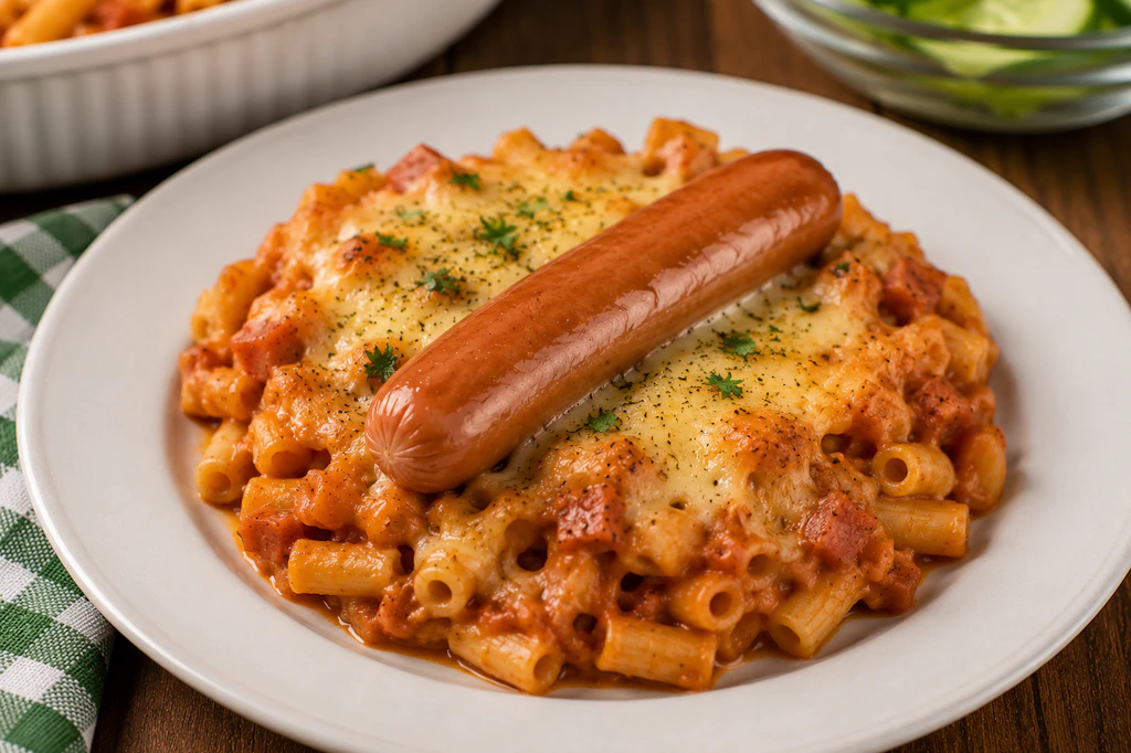 Wer Bockwurst mag, wird diesen Nudelauflauf lieben! Er ist richtig herzhaft und käsig, einfach ein himmlisches Rezept für die ganze Familie.