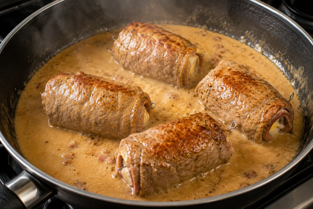 Die Schwalbennester müssen langsam schmoren, aus dem Satz wird später die leckere Soße. Mit Salzkartoffeln sind diese besonderen Rouladen ein Hochgenuss!