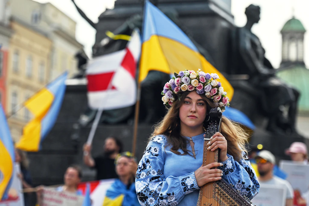 Die ukrainische Sängerin Svetlana Nikonorova bei einer Protestveranstaltung in Krakau.