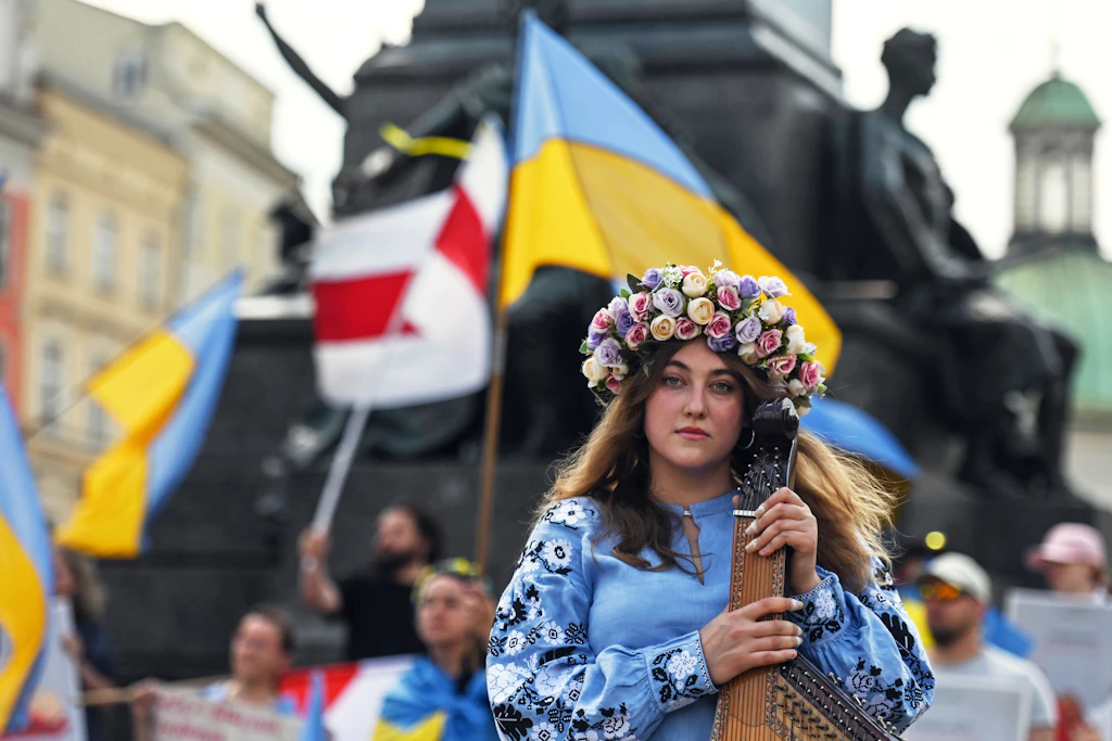 Die ukrainische Sängerin Svetlana Nikonorova bei einer Protestveranstaltung in Krakau.
