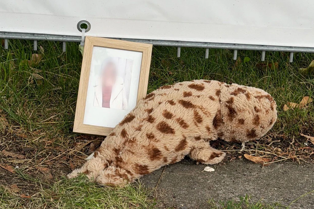Ein Foto, offenbar von der getöteten Gymasiastin, steht am Zaun vor der Schule.