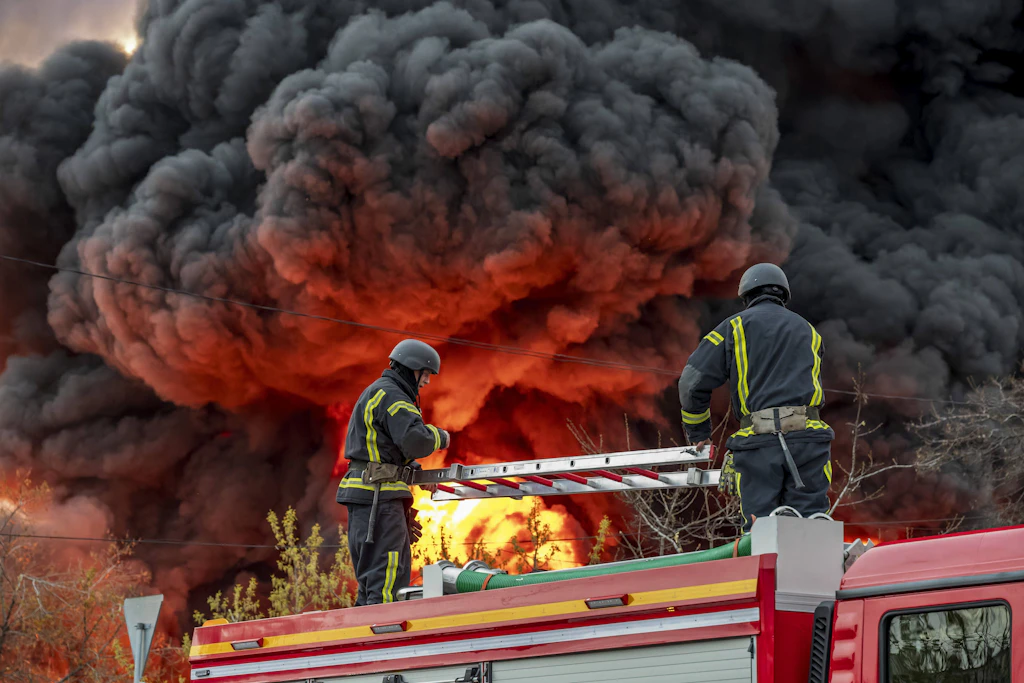 Feuerwehrleute bekämpfen im April 2026 den Brand in einem Lager in Kiew nach einem russischen Angriff.