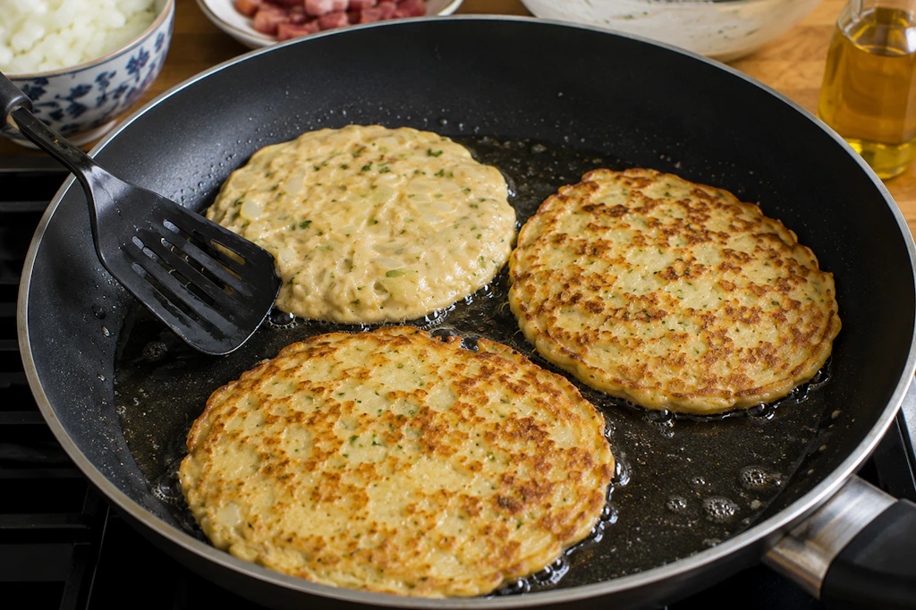 Die deftigen Zwiebelpfannkuchen werden ganz einfach in der Pfanne gebacken. Mit etwas Kräuterquark oder einem einfachen Salat haben Sie ein richtig leckeres Abendessen!