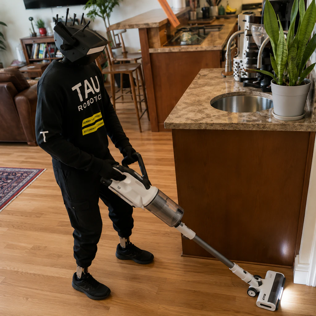 Der humanoide Roboter saugt mit dem Staubsauger die Wohnung. Das gehört zu den Aufgaben, die die Technik auf jeden Fall schon leisten kann.