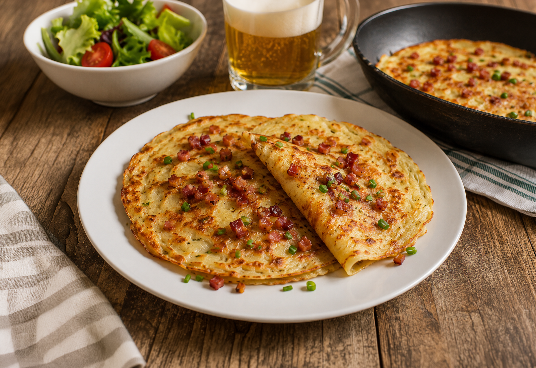 Rezept für Zwiebelpfannkuchen: Herzhafte Plinsen mit Käse und Speck