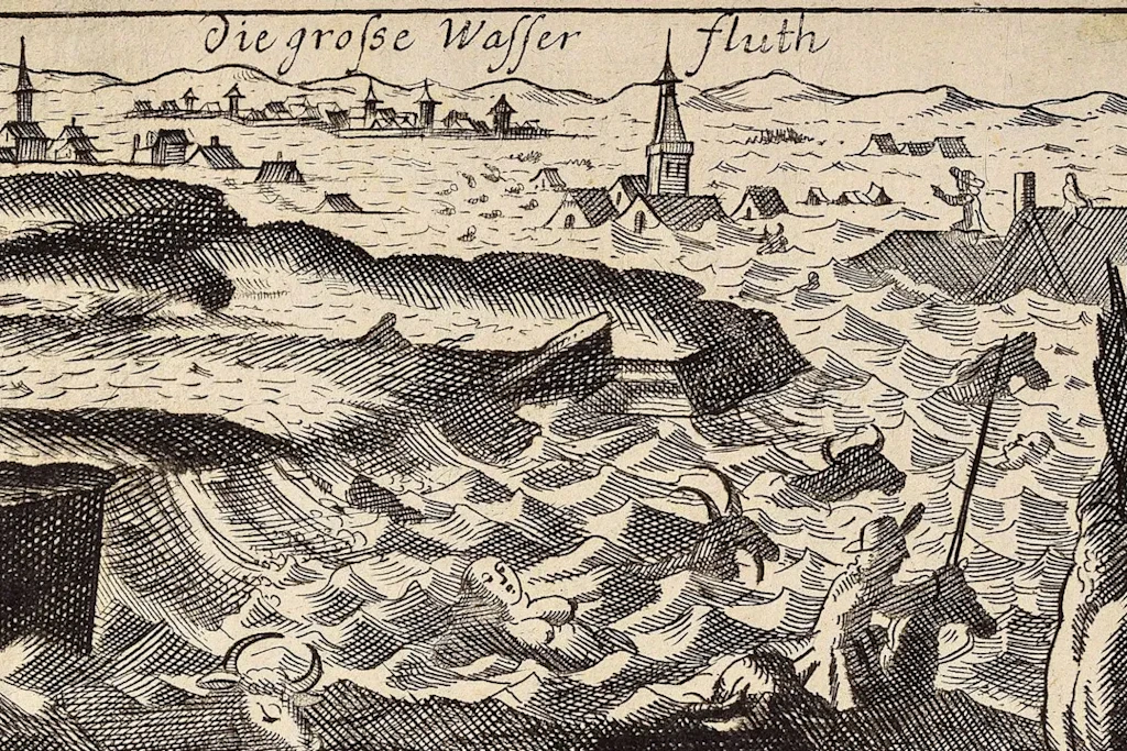Historische Darstellung der Magdalenenflut, einer der schlimmsten Katastrophen des Mittelalters