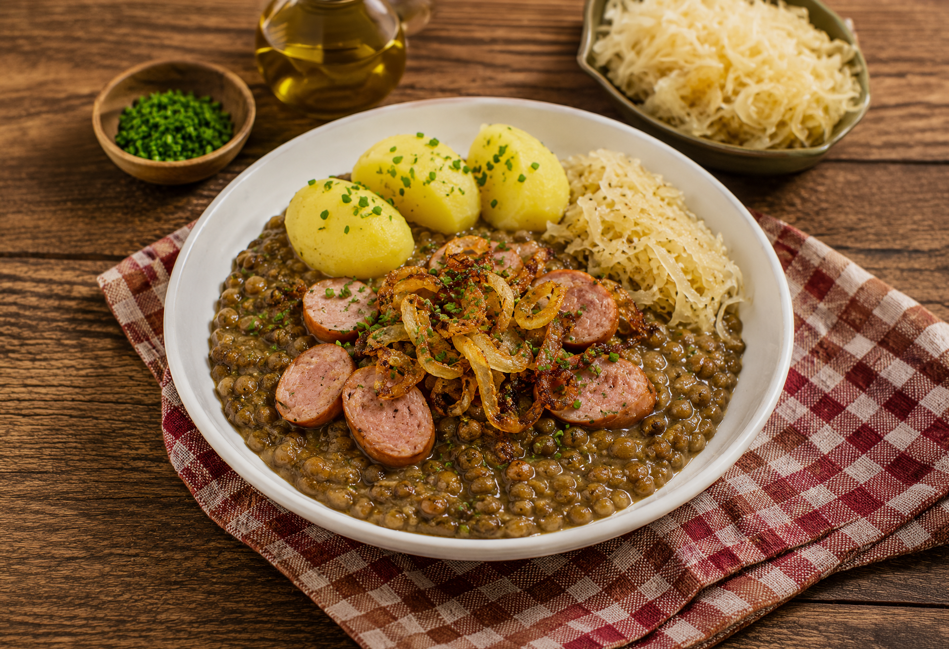 Dicke Linsen mit Knackwurst von Kurt Drummer: Deftiges Rezept mit Kartoffeln
