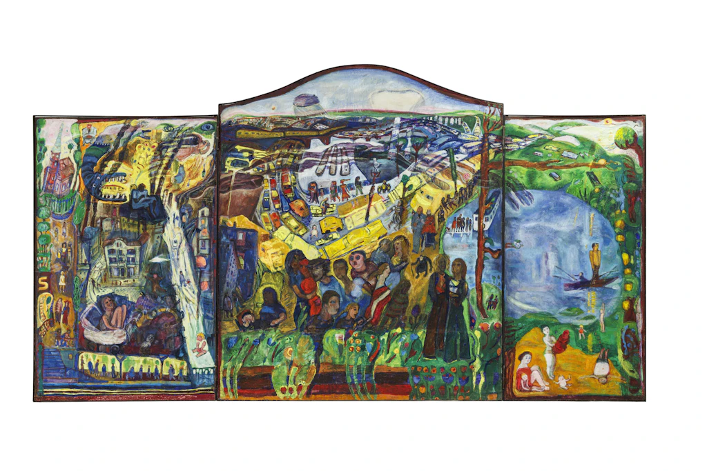 Annemirl Bauer: „Triptychon (<em>Der Himmel über Berlin ist unteilbar)“, </em>1980, Mischtechnik auf Leinwand/Holz, Klapp-Altar, gemalt für die Marienkirche am Berliner Alexanderplatz. Doch nie kam er dorthin.