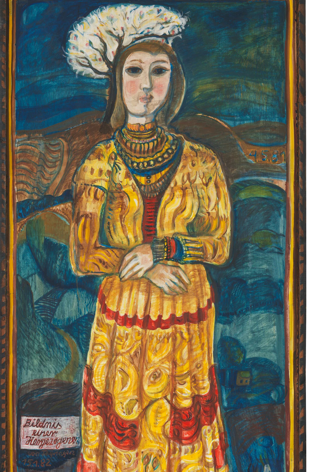 Annemirl Bauer: „Bildnis einer Hergezogenen“, Cranach-Paraphrase,&nbsp;1982, Mischtechnik auf Hartfaser (Ausschnitt)