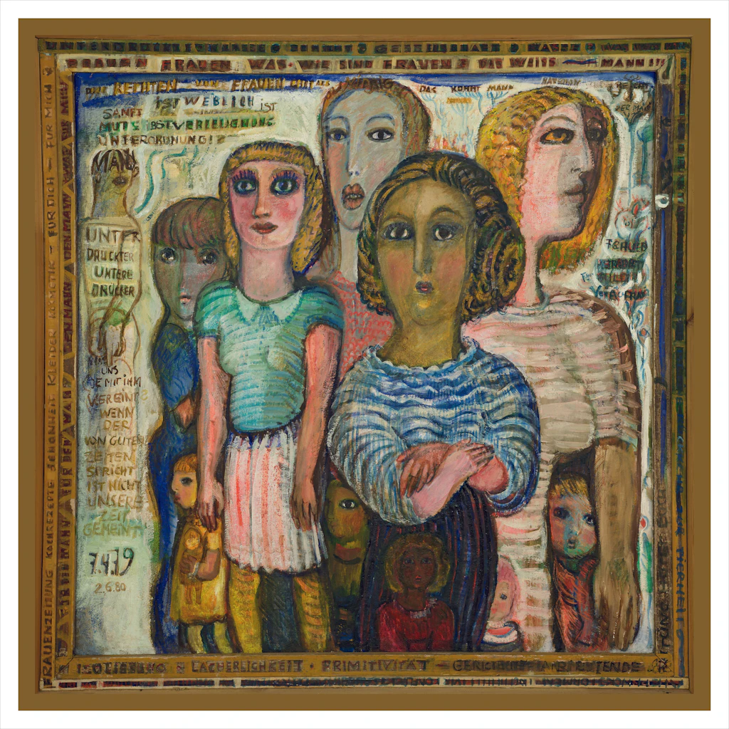 Annemirl Bauer: „Emma gewidmet“, 1979 (für die feministische Frauenzeitschrift von Alice Schwarzer in Köln), Mischtechnik/Lw