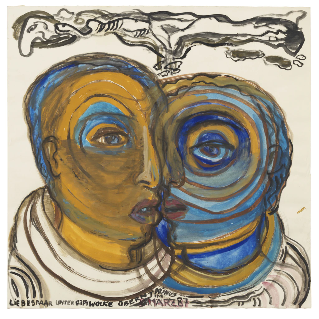 Annemirl Bauer: „Liebespaar unter Giftwolke überm Taunus“, 1987, Wasserfarbe auf Papier