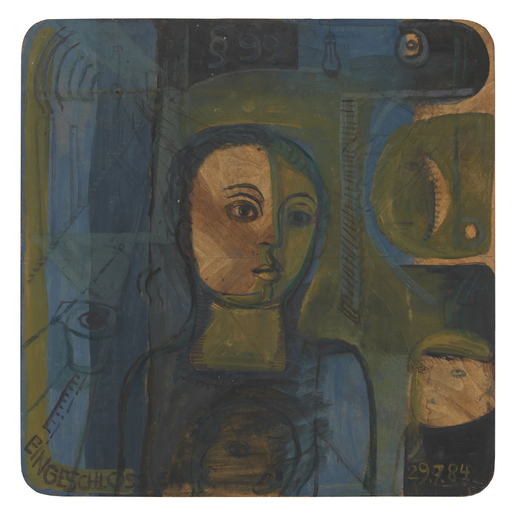 Annemirl Bauer: „Paragraph 99. Eingeschlossen (Bärbel Bohley)“, 1984, Mischtechnik auf Holz (Tischplatte)