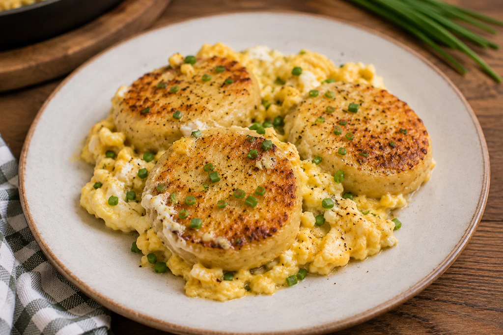 Auch zum Frühstück kann man Knödel essen. Mit Ei wird aus den übrig gebliebenen slowakischen Knödeln ein richtig geniales Gericht, das den leckeren Start in den Tag garantiert!