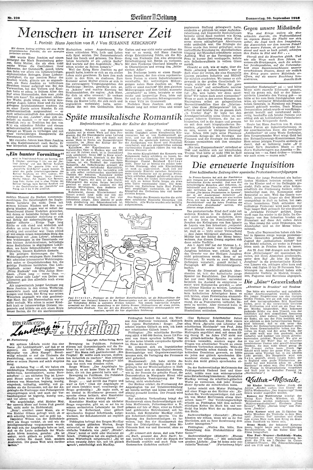 Am 30. September 1948 erschien Teil 1 der Porträtserie „Menschen in unserer Zeit“ von Susanne Kerckhoff.