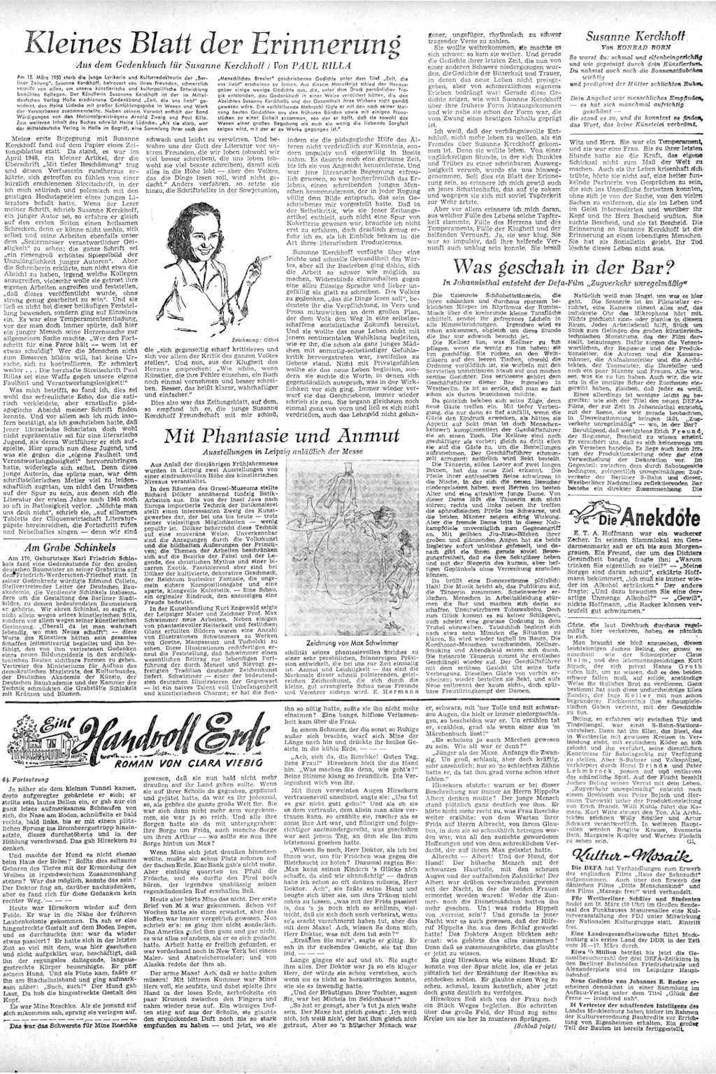 Der Susannne Kerckhoff gewidmete Gedenkband „Zeit, die uns liebt“ erschien im Mitteldeutschen Verlag Halle. Zum ersten Todestag druckte die Berliner Zeitung einen Text daraus – und eine zarte Zeichnung, die die Schriftstellerin heiter zeigt.