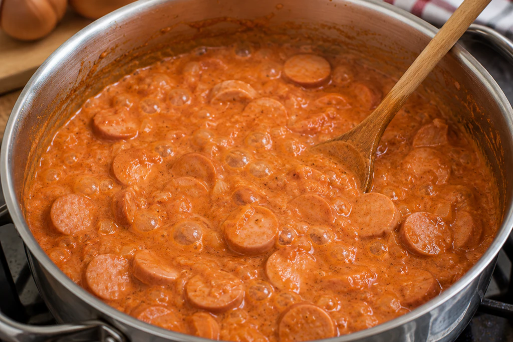 Der Wurstgulasch sollte im Topf eine ganze Weile köcheln, denn durch das Einkochen der passierten Tomaten verändert sich der Geschmack.