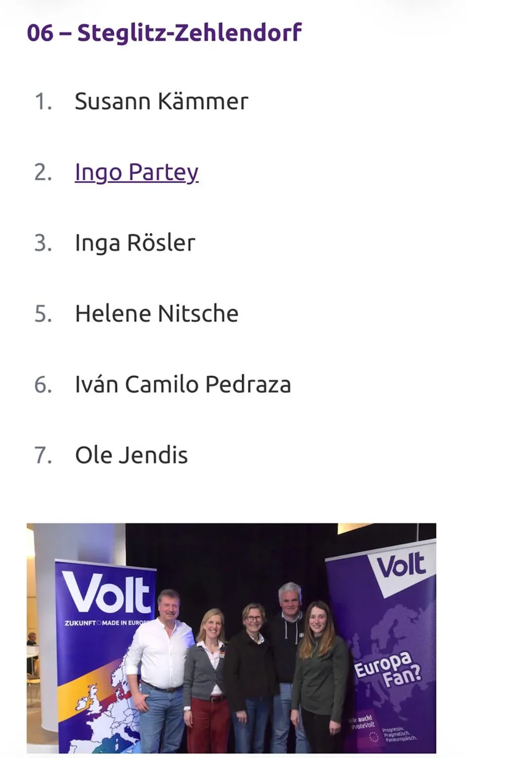 Lücke zwischen Listenplatz drei und fünf: Ludwig von Jagow fehlte für unbestimmte Zeit auf der Homepage der Volt-Partei. Der Screenshot ist vom 2. September 2026.