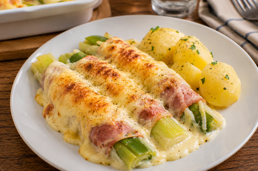 Salzkartoffeln oder Petersilienkartoffeln sind die perfekte Beilage für den Porree-Auflauf mit Schinken und Käse.