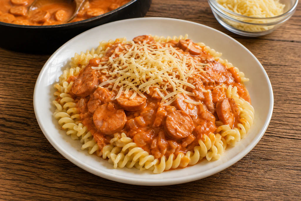 Wurstgulasch mit Spirelli und ordentlich Käse ist ein geniales Rezept, das bei vielen Erinnerungen an die Kindheit auslöst.