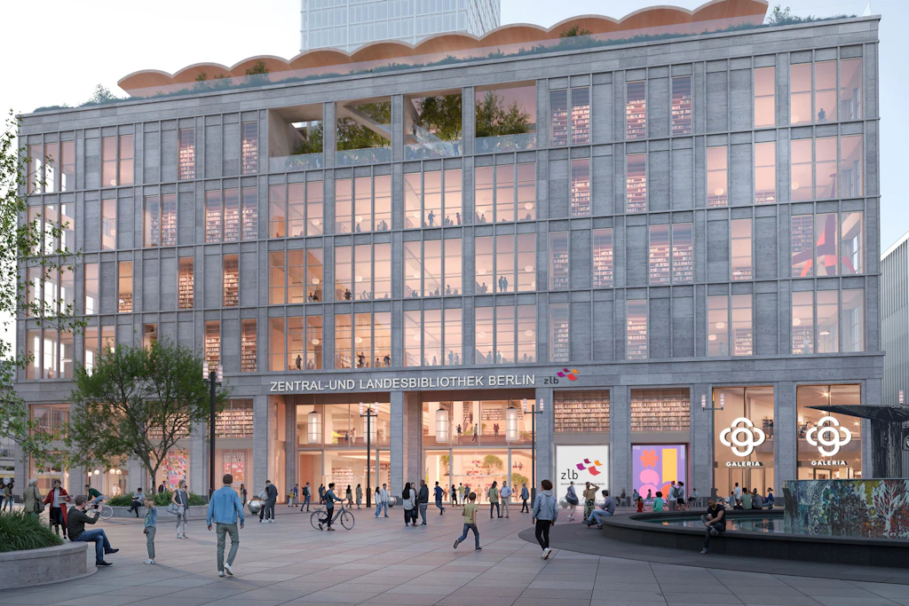 Die Zentral- und Landesbibliothek (ZLB) im Galeria-Kaufhaus am Alexanderplatz in der Visualisierung als einladender Ort.