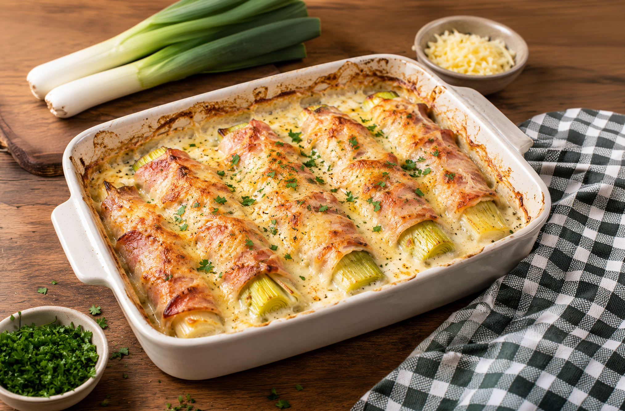 Rezept für Porree-Auflauf: Cremig überbacken mit Schinken und Käse
