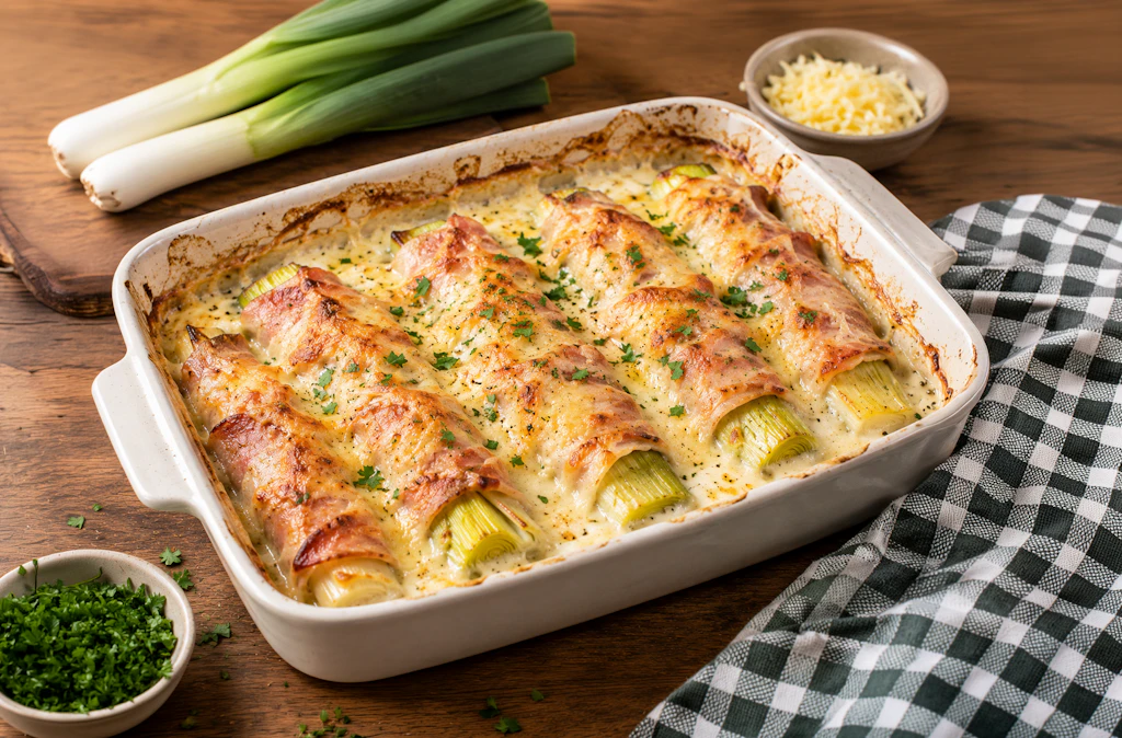 Rezept für Porree-Auflauf: Cremig überbacken mit Schinken und Käse