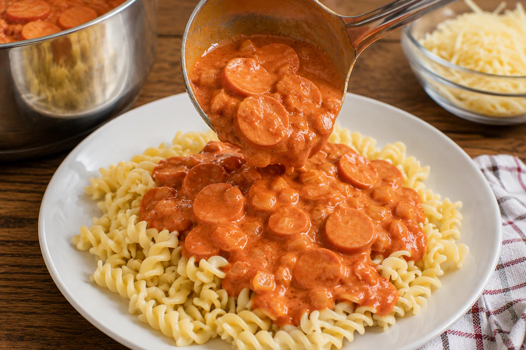 Wurstgulasch mit Nudeln: Wer dieses einfache Essen nicht liebt, ist selber schuld! Hier fehlt nur noch eine ordentliche Portion geriebener Käse, damit es perfekt wird.