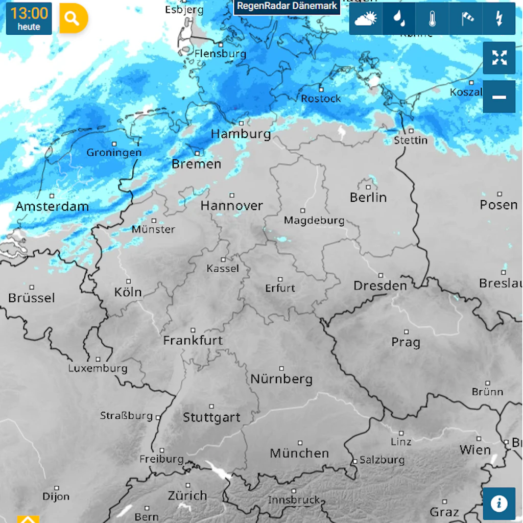 Um 13 Uhr hatte die Regenfront den kompletten Norden mit Nord- und Ostsee erreicht.