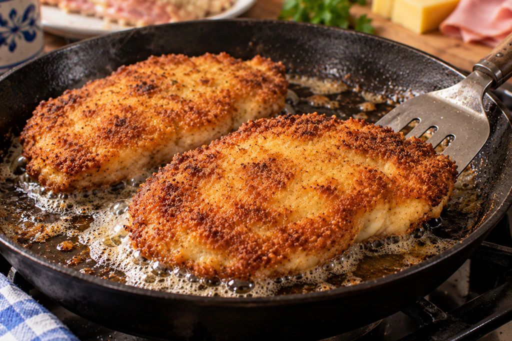 Die Braumeistersteaks werden in einer Pfanne mit ausreichend Fett knusprig gebraten. Bei der Zubereitung schmilzt auch der Käse im Inneren.