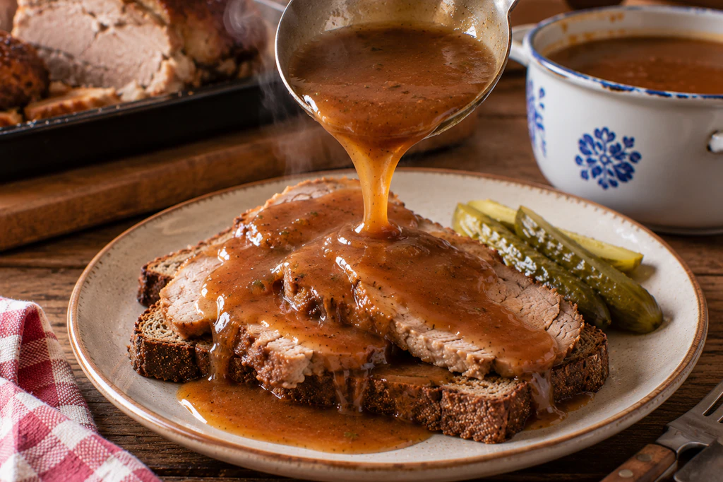 Beim Warmen Eckchen darf auf gar keinen Fall mit der Bratensoße gegeizt werden. Das Brot muss sich richtig vollsaugen, nur dann wird es wirklich lecker.