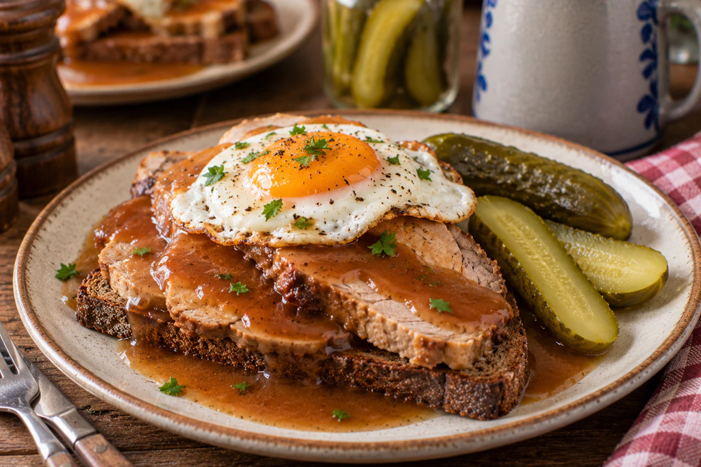 Warmes Eckchen: Ein Brot mit Bratenresten und ganz viel Soße, wahlweise serviert mit Spiegelei und sauren Gurken. Bringen Sie diesen Klassiker doch mal wieder auf den Tisch!